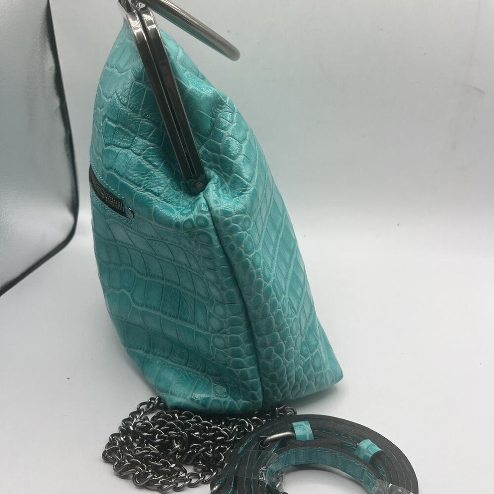 Patricia Nash NOVELlA Frame Bag Aqua Turquoise Croc Leather Kiss Lock Satchel - Picture 11 of 14